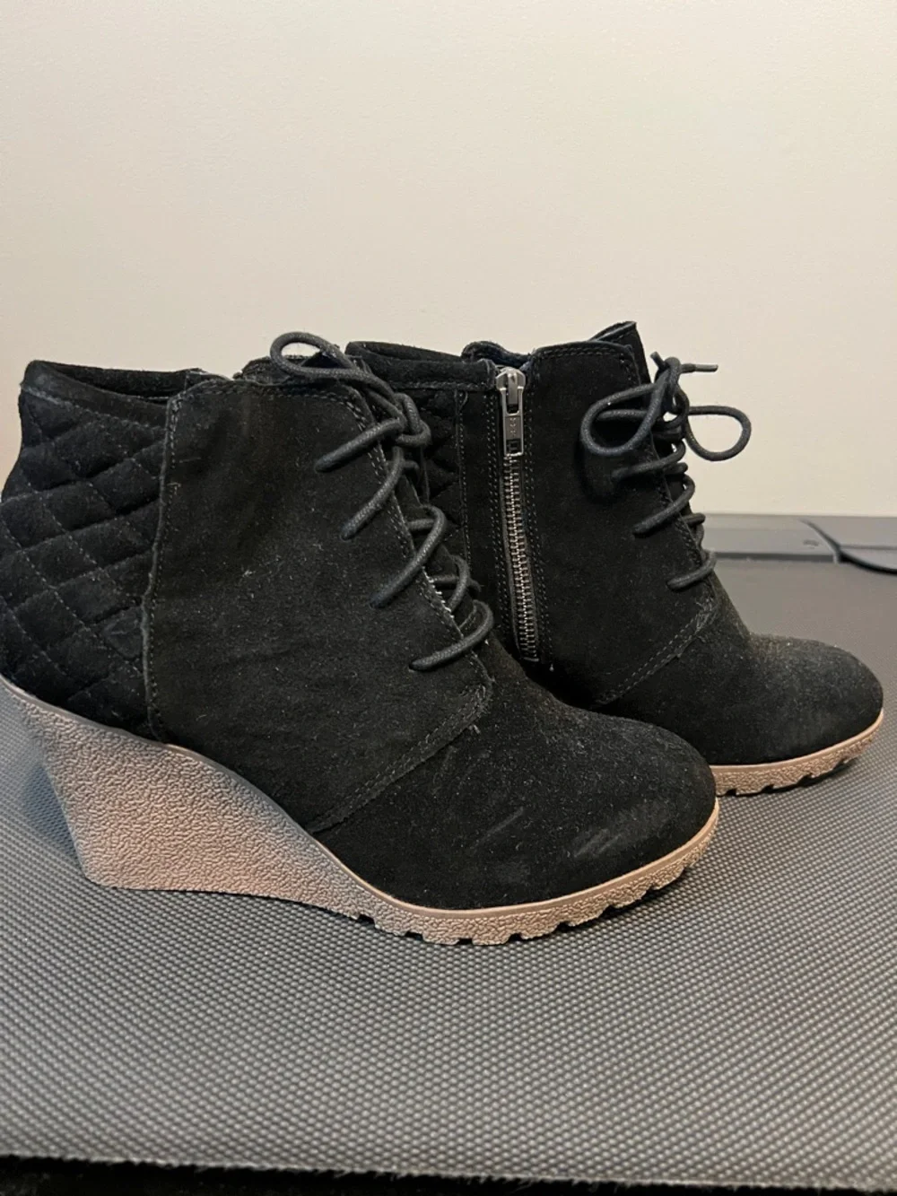 MIA Black Quilted Lace-Up Wedge Ankle Booties - Picture 2 of 6